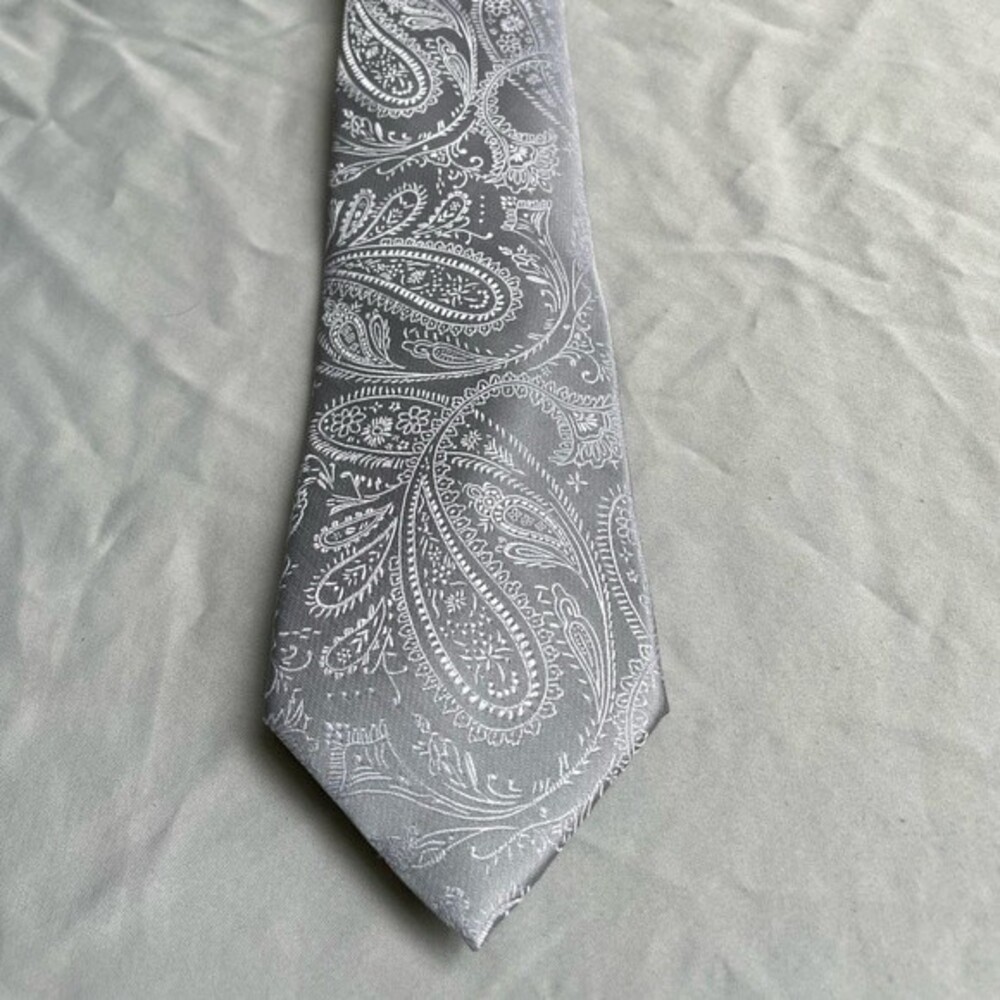 Vesuvio Napoli Mens Necktie Silver White Italy Paisley Print